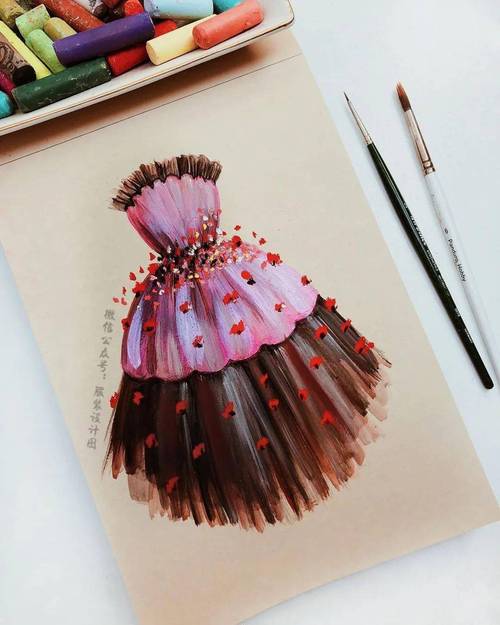 【服装设计图&mdash;&mdash;时装效果图】色粉绘画鲜花裙